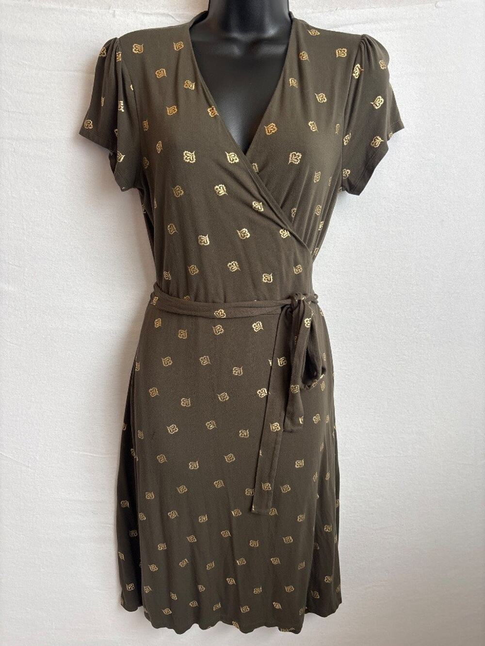 Boden Wrap Dress Olive Green Gold Print Belted Size 8 Classic V-Neck